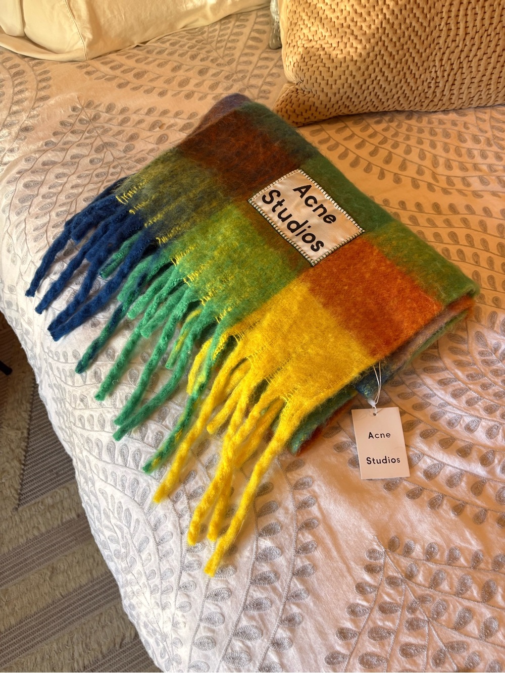 Acne Studios Multicolor Fringe Wool Scarf in Blue, Green, Yellow, Orange